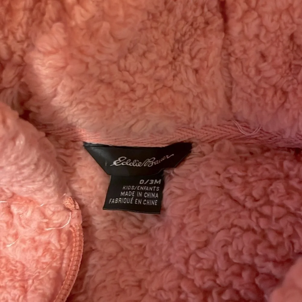 Eddie Bauer Coral Infant Baby Fleece Plush Teddy Bear Hoody Onesie Snuggy 0-3 mo